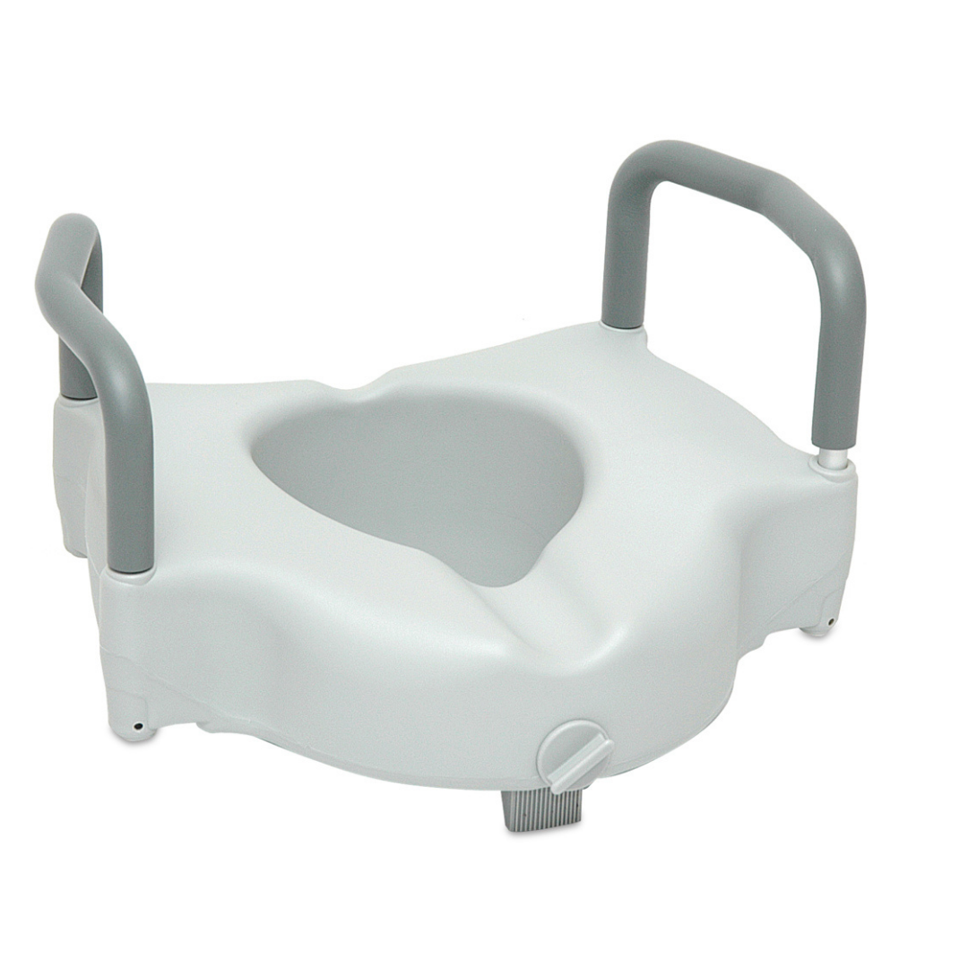 The ProBasics E-Z Lock 4.5 Raised Toilet Seat with Handles is a white seat riser with gray padded arms, designed to support individuals with mobility issues during toilet use.